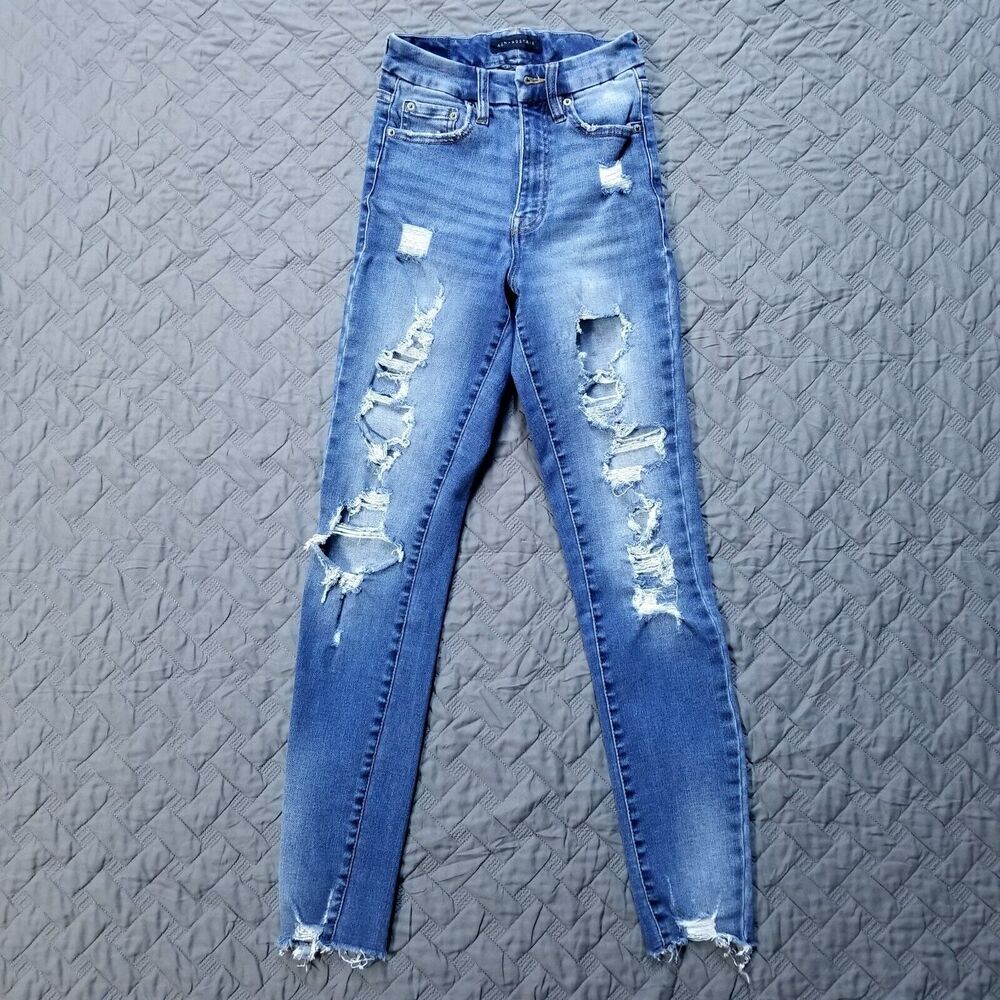 Aeropostale Jeans Womens 0 Reg Blue Super High Rise Curvy Jegging Distressed